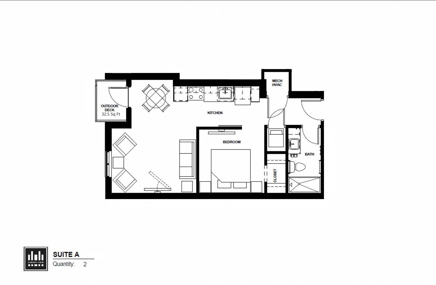 Floor plan for 1 bed, 1 bath, 571 sqft